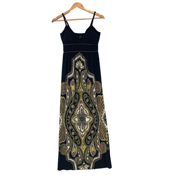 Vintage Sundress Maxi Black Slinky Sleeveless Snap Paisley Y2K Small - Picture 1 of 10